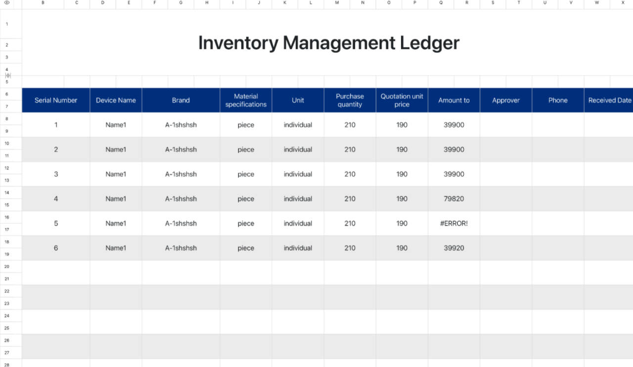 Inventory Management Ledger (Automatic Calculation)